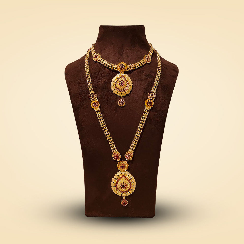 Royal Ruby Bloom Layered Gold Necklace Set